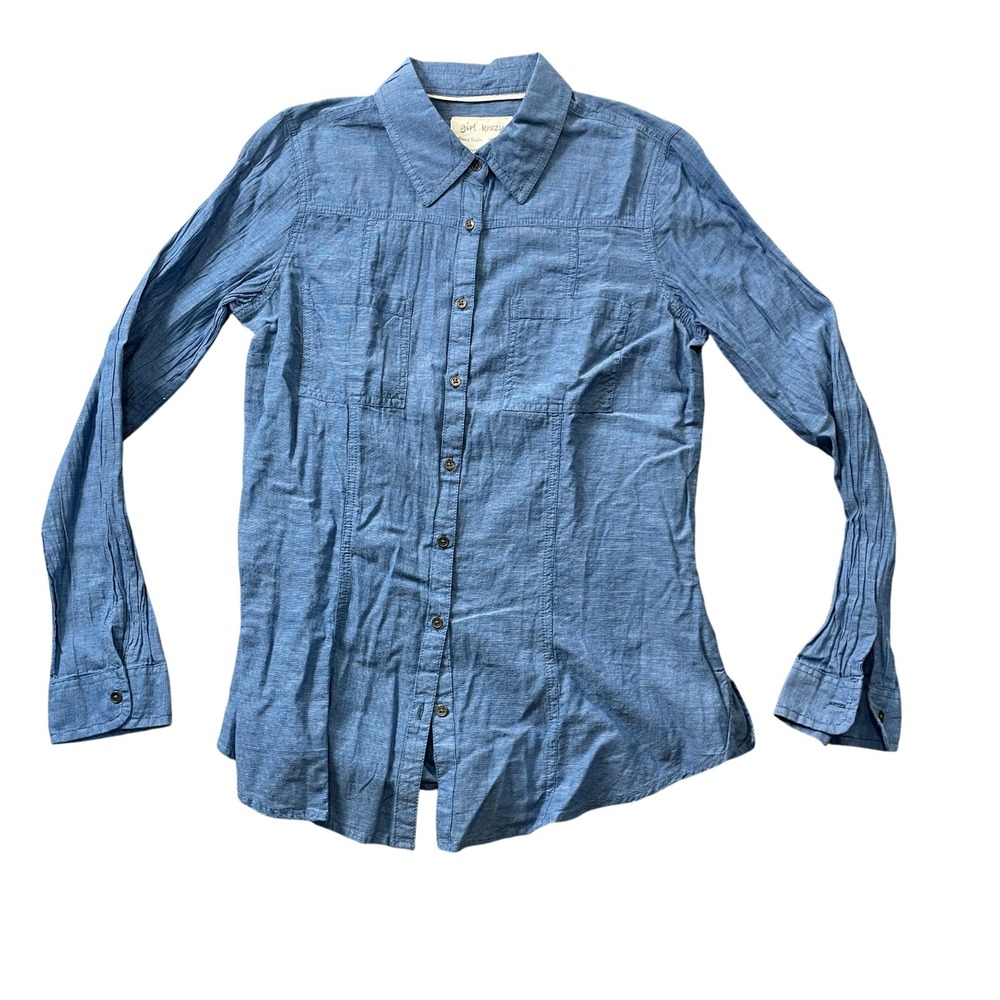 Girl Krazy Medium Blue Blouse Classic Fit Semi‎ Sheer Button Up  100% Cotton